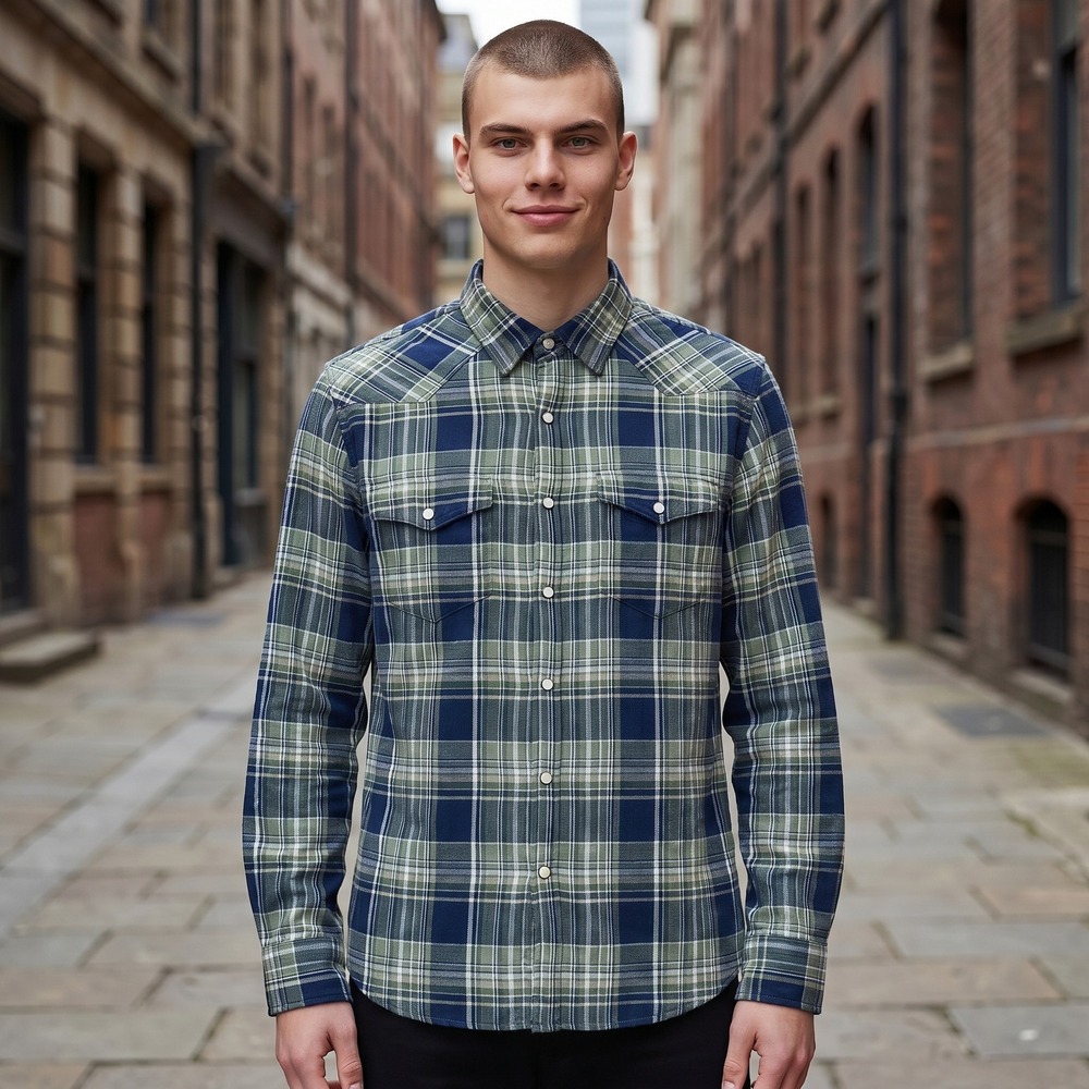 NEW Lucky Brand Mens Lucky Indigo Western Plaid Pearl Snap Shirt Green Blue (S)